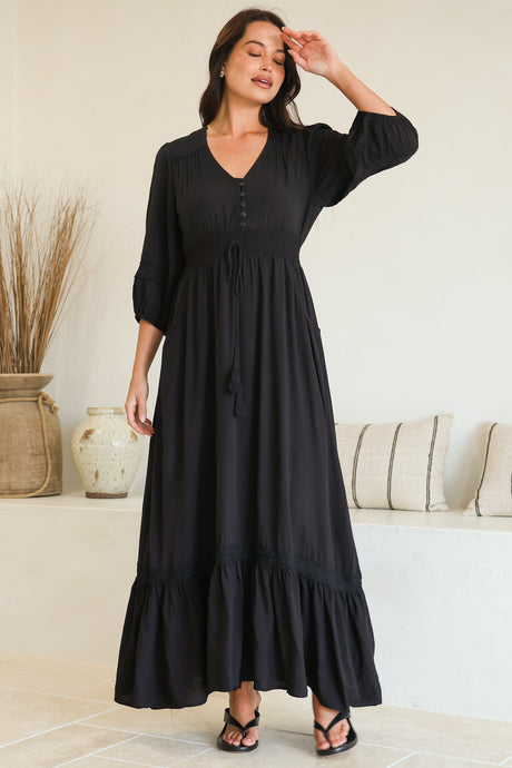 Kiaba Maxi Dress - V-Neck Buttoned Bodice 3/4 Sleeve A-Line Dress with Lace Inserts in Black