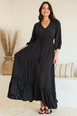 Kiaba Maxi Dress - V-Neck Buttoned Bodice 3/4 Sleeve A-Line Dress with Lace Inserts in Black
