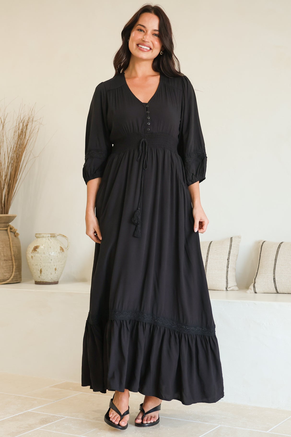 Kiaba Maxi Dress - V-Neck Buttoned Bodice 3/4 Sleeve A-Line Dress with Lace Inserts in Black
