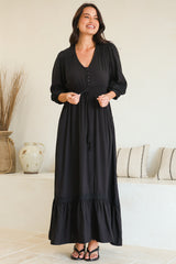 Kiaba Maxi Dress - V-Neck Buttoned Bodice 3/4 Sleeve A-Line Dress with Lace Inserts in Black