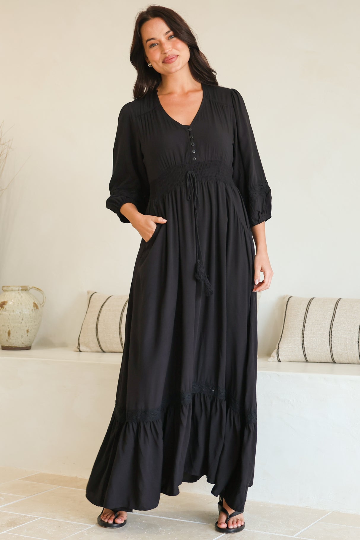Kiaba Maxi Dress - V-Neck Buttoned Bodice 3/4 Sleeve A-Line Dress with Lace Inserts in Black