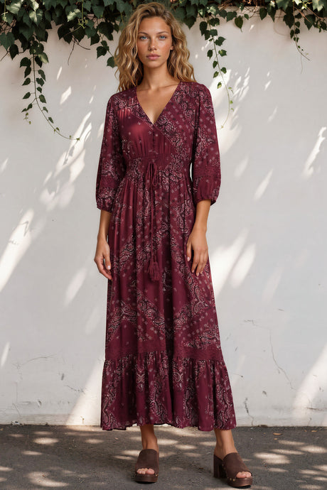 Model wearing Kiaba Maxi Dress in Vilma Print Wine from Salty Crush