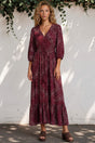 Model wearing Kiaba Maxi Dress in Vilma Print Wine from Salty Crush