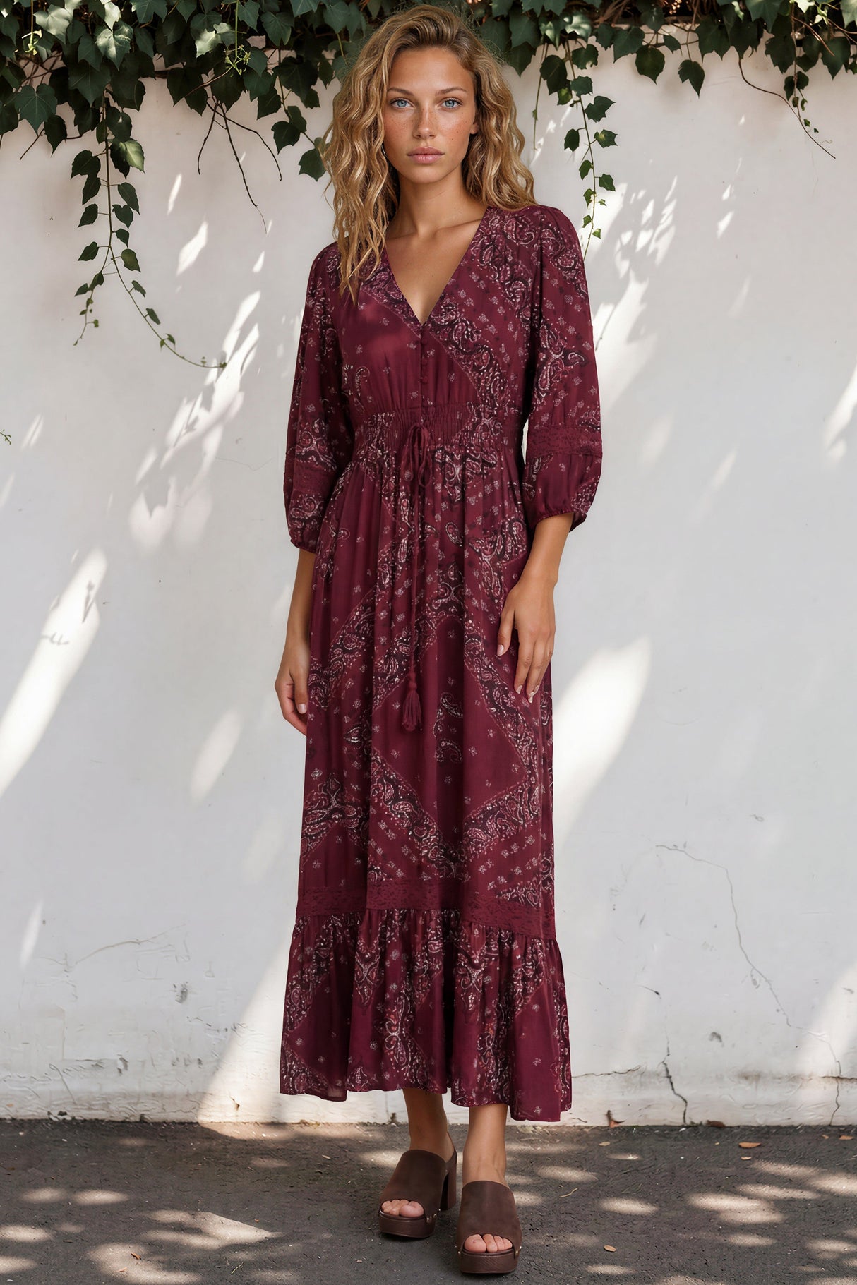 Model wearing Kiaba Maxi Dress in Vilma Print Wine from Salty Crush