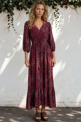 Model wearing Kiaba Maxi Dress in Vilma Print Wine from Salty Crush