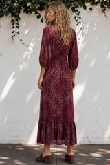 Model wearing Kiaba Maxi Dress in Vilma Print Wine from Salty Crush