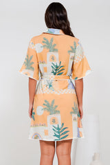 Kiana Mini Dress - Scallop Trim Shirt Dress with Matching Waist Tie in Jamison Print Beige