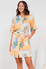 Kiana Mini Dress - Scallop Trim Shirt Dress with Matching Waist Tie in Jamison Print Beige
