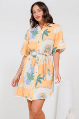Kiana Mini Dress - Scallop Trim Shirt Dress with Matching Waist Tie in Jamison Print Beige