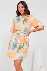 Kiana Mini Dress - Scallop Trim Shirt Dress with Matching Waist Tie in Jamison Print Beige