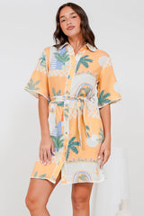 Kiana Mini Dress - Scallop Trim Shirt Dress with Matching Waist Tie in Jamison Print Beige