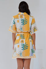 Kiana Mini Dress - Scallop Trim Shirt Dress with Matching Waist Tie in Jamison Print Yellow