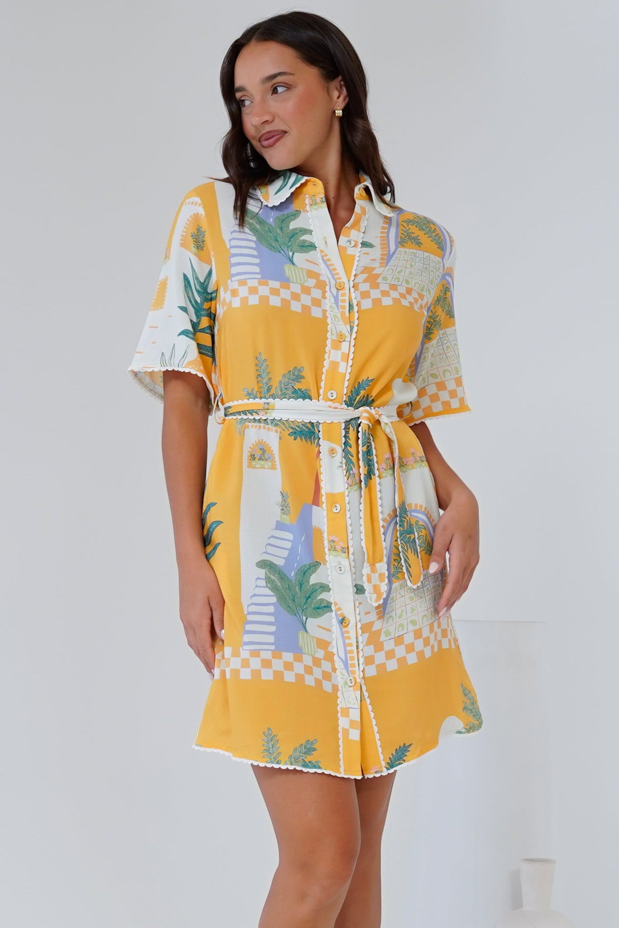 Kiana Mini Dress - Scallop Trim Shirt Dress with Matching Waist Tie in Jamison Print Yellow