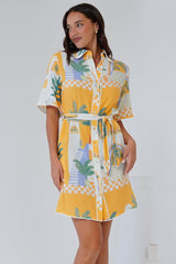 Kiana Mini Dress - Scallop Trim Shirt Dress with Matching Waist Tie in Jamison Print Yellow