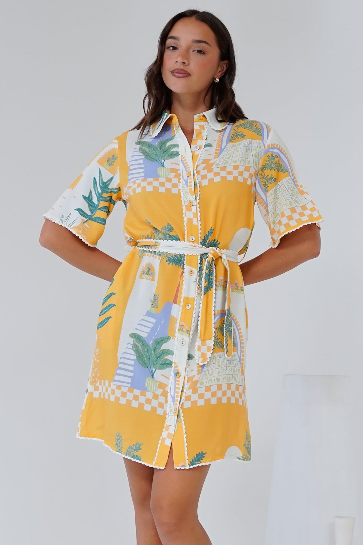 Kiana Mini Dress - Scallop Trim Shirt Dress with Matching Waist Tie in Jamison Print Yellow