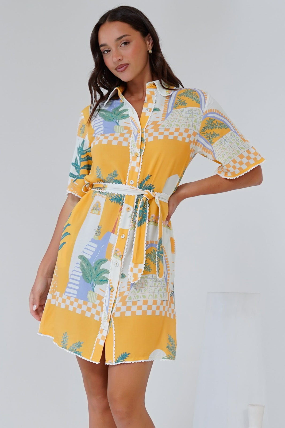 Kiana Mini Dress - Scallop Trim Shirt Dress with Matching Waist Tie in Jamison Print Yellow