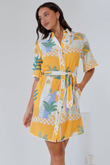 Kiana Mini Dress - Scallop Trim Shirt Dress with Matching Waist Tie in Jamison Print Yellow