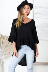 Kiany Top - Floaty Smock with Ruffle High Low Hemline in Black