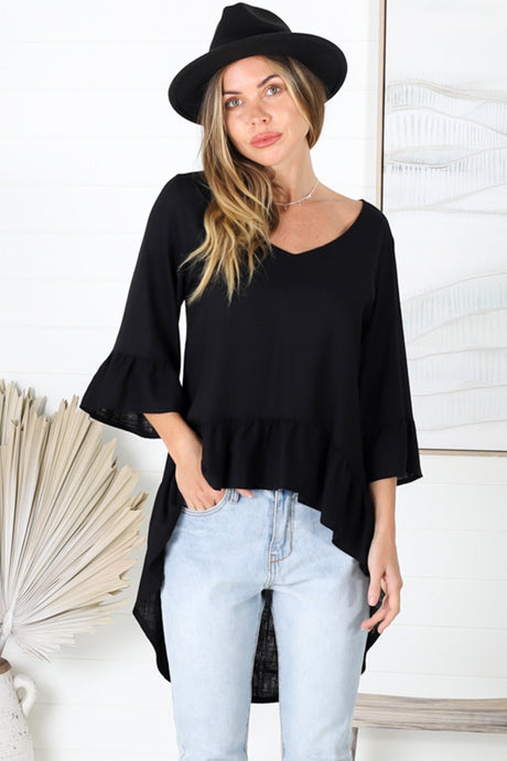 Kiany Top - Floaty Smock with Ruffle High Low Hemline in Black