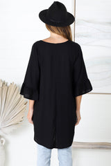 Kiany Top - Floaty Smock with Ruffle High Low Hemline in Black