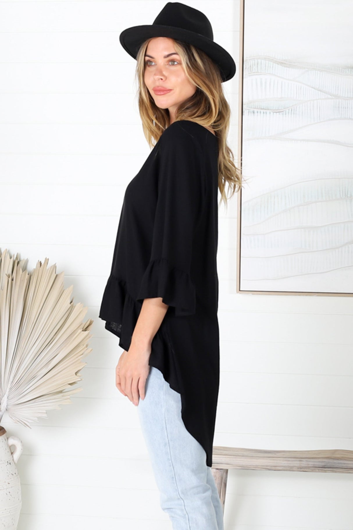 Kiany Top - Floaty Smock with Ruffle High Low Hemline in Black