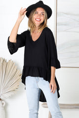 Kiany Top - Floaty Smock with Ruffle High Low Hemline in Black