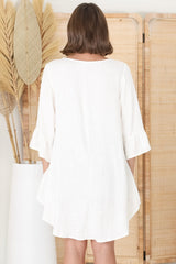 Kiany Top - Floaty Smock with Ruffle High Low Hemline in White