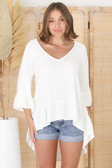 Kiany Top - Floaty Smock with Ruffle High Low Hemline in White