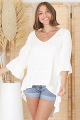 Kiany Top - Floaty Smock with Ruffle High Low Hemline in White