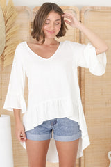 Kiany Top - Floaty Smock with Ruffle High Low Hemline in White