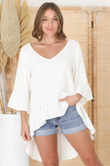 Kiany Top - Floaty Smock with Ruffle High Low Hemline in White