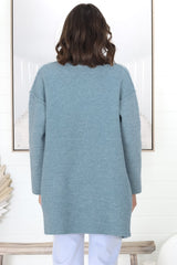 Kierce Cardigan - Folded Lapel Collar Coatigan with Pockets in Blue