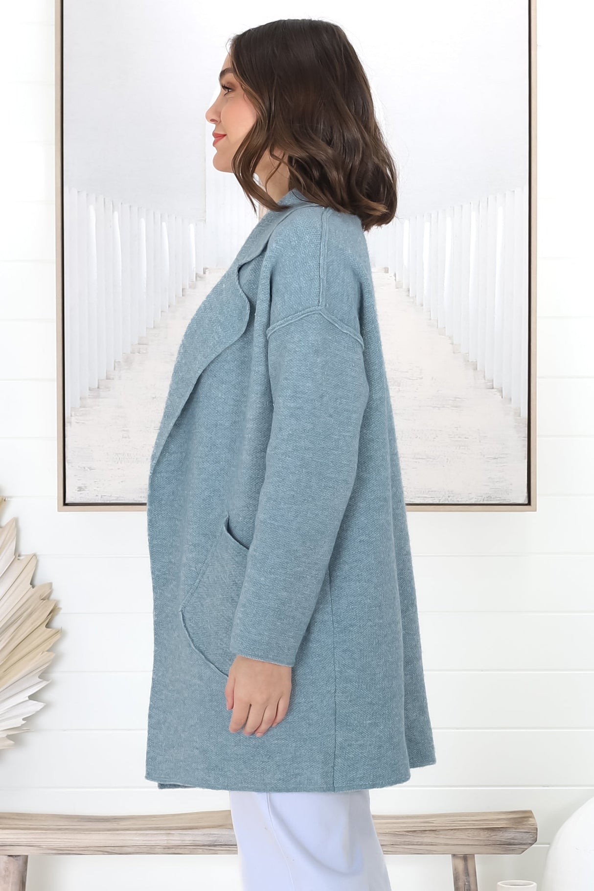 Kierce Cardigan - Folded Lapel Collar Coatigan with Pockets in Blue