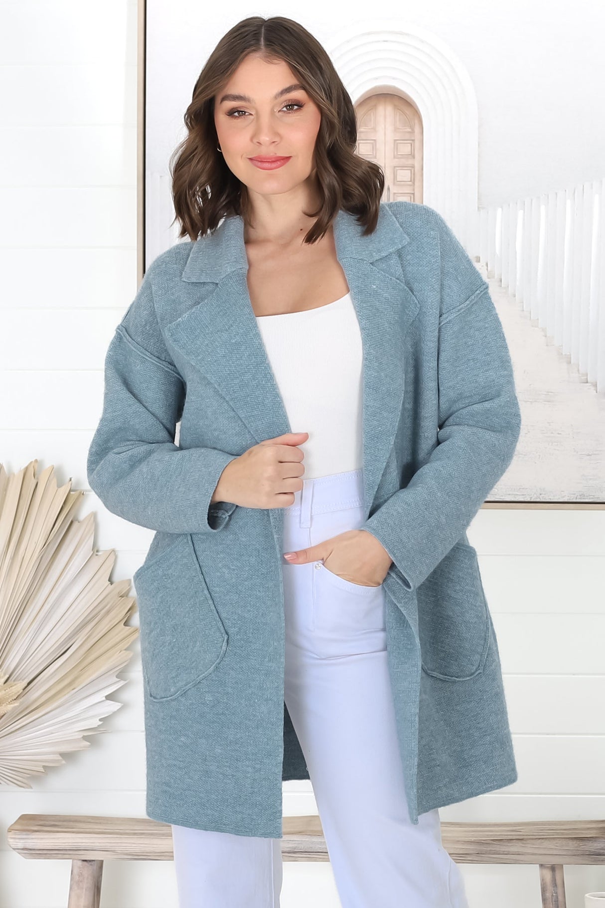 Kierce Cardigan - Folded Lapel Collar Coatigan with Pockets in Blue