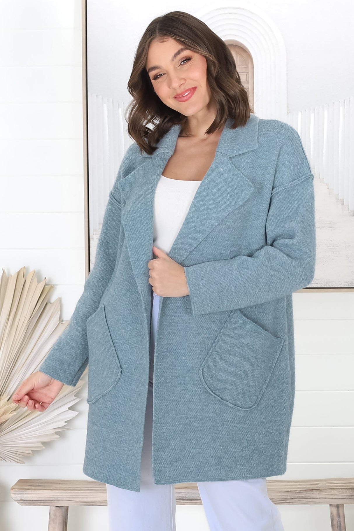 Kierce Cardigan - Folded Lapel Collar Coatigan with Pockets in Blue