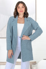 Kierce Cardigan - Folded Lapel Collar Coatigan with Pockets in Blue