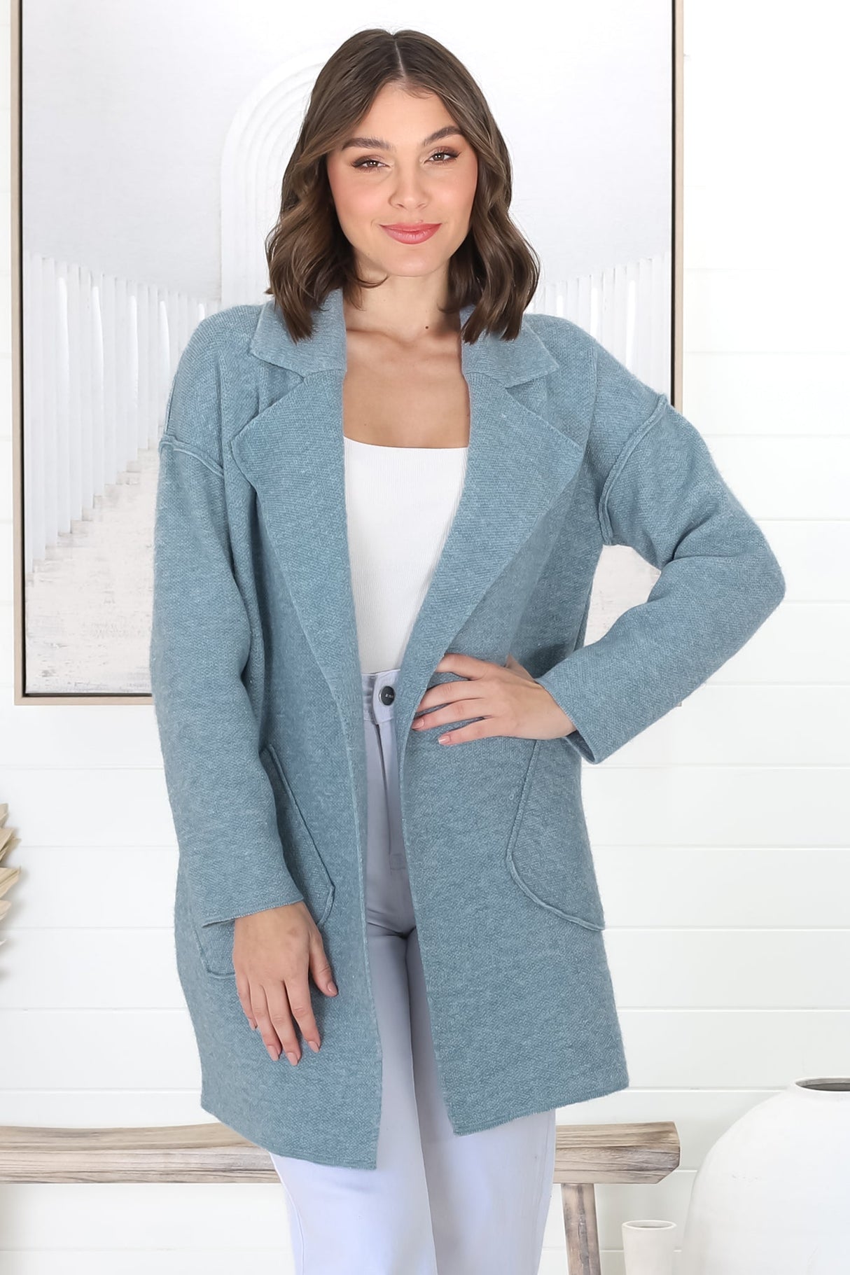 Kierce Cardigan - Folded Lapel Collar Coatigan with Pockets in Blue