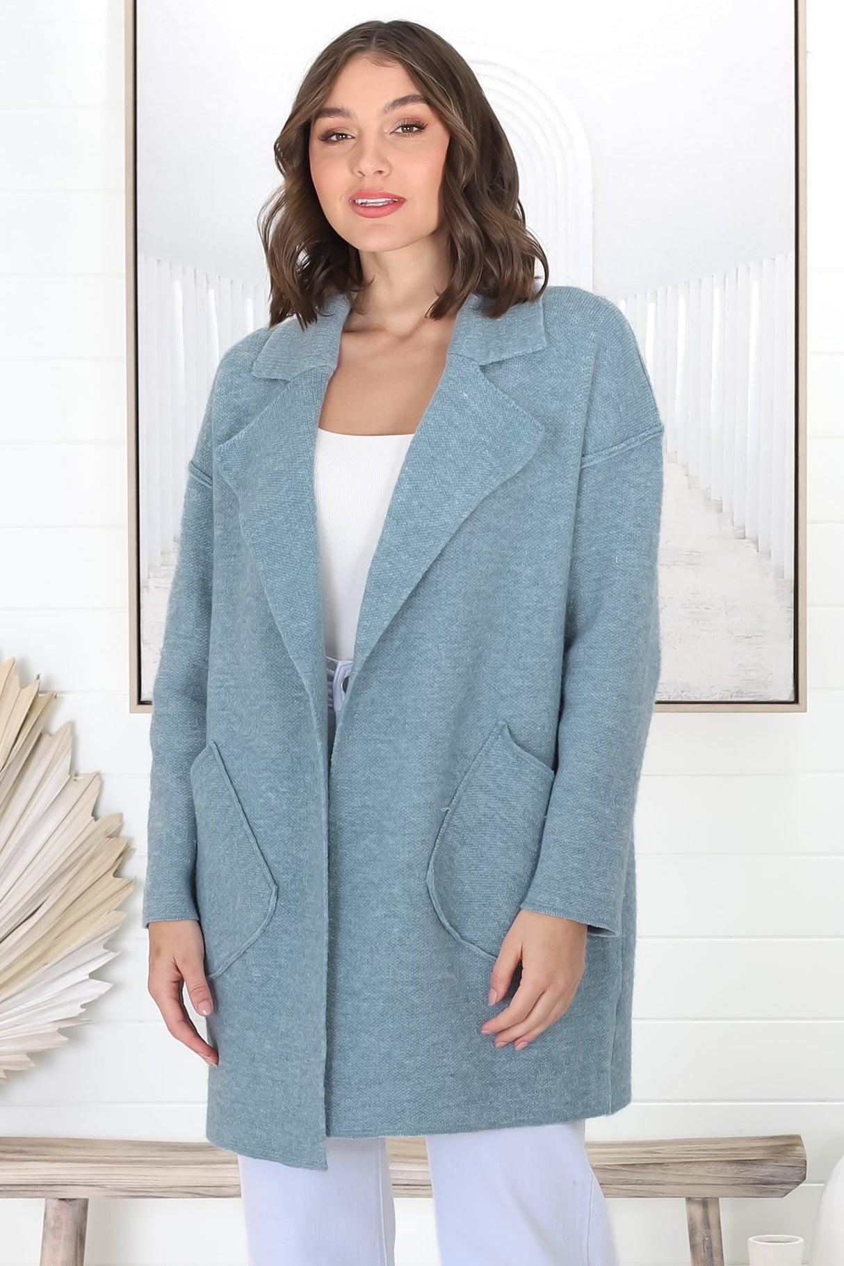 Kierce Cardigan - Folded Lapel Collar Coatigan with Pockets in Blue