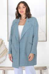 Kierce Cardigan - Folded Lapel Collar Coatigan with Pockets in Blue