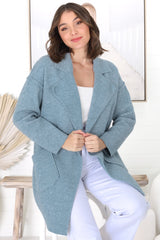 Kierce Cardigan - Folded Lapel Collar Coatigan with Pockets in Blue