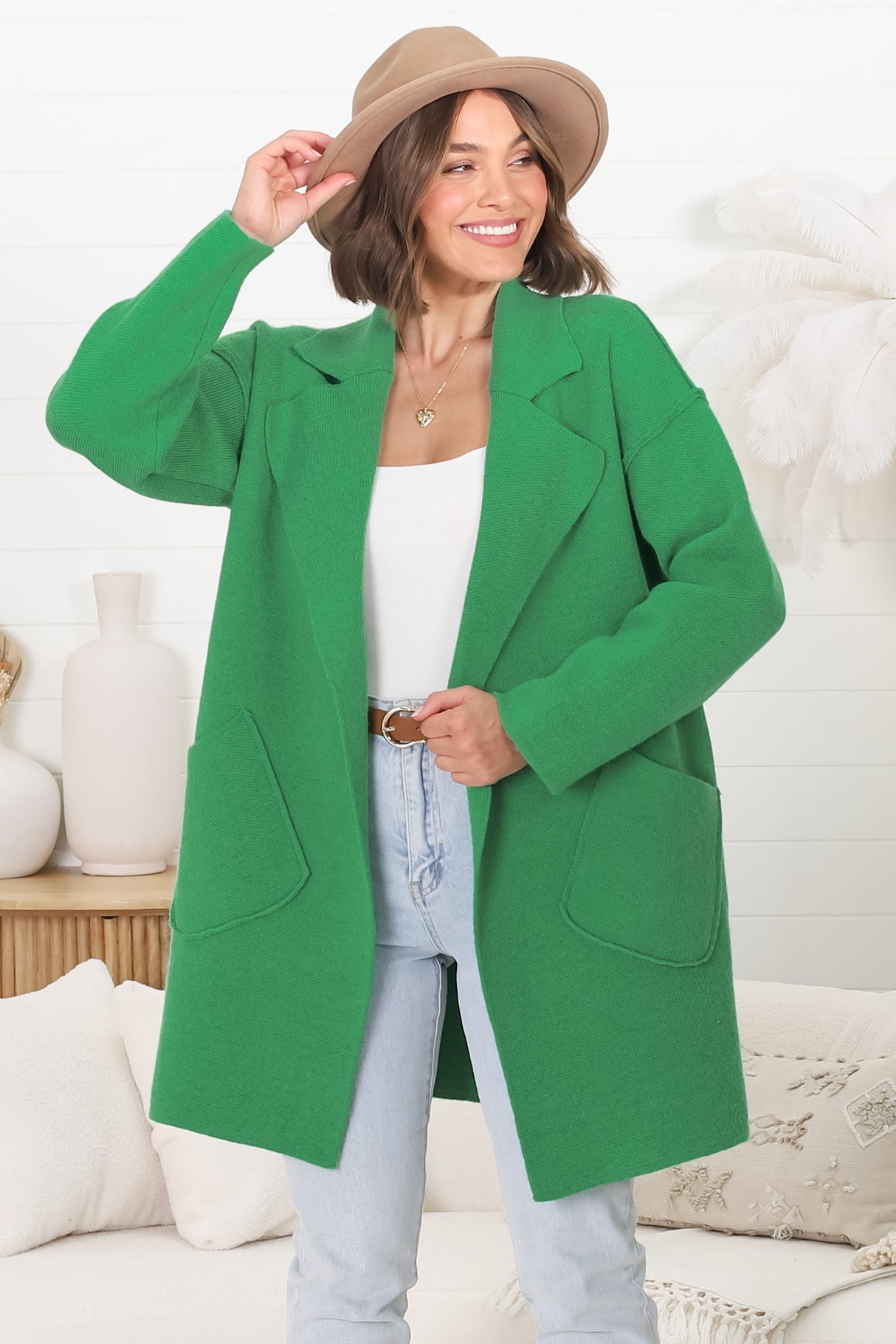 Kierce Cardigan - Folded Lapel Collar Coatigan with Pockets in Green