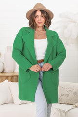 Kierce Cardigan - Folded Lapel Collar Coatigan with Pockets in Green