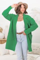 Kierce Cardigan - Folded Lapel Collar Coatigan with Pockets in Green