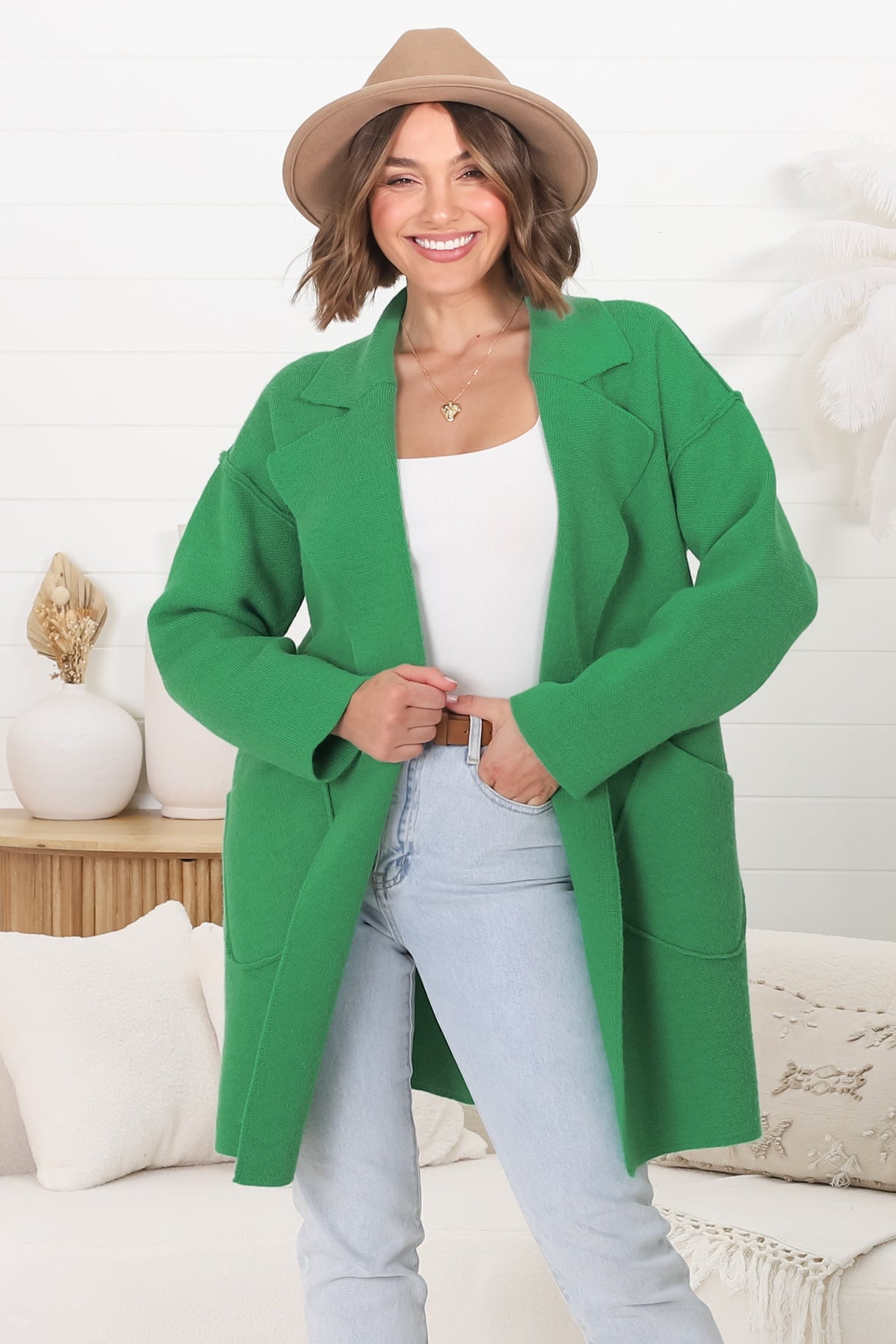 Kierce Cardigan - Folded Lapel Collar Coatigan with Pockets in Green