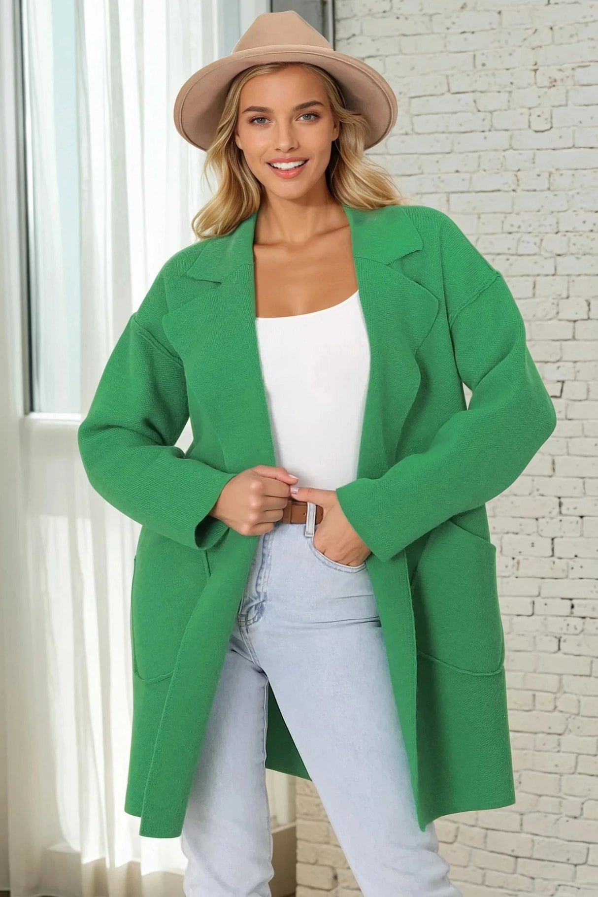 Kierce Cardigan - Folded Lapel Collar Coatigan with Pockets in Green