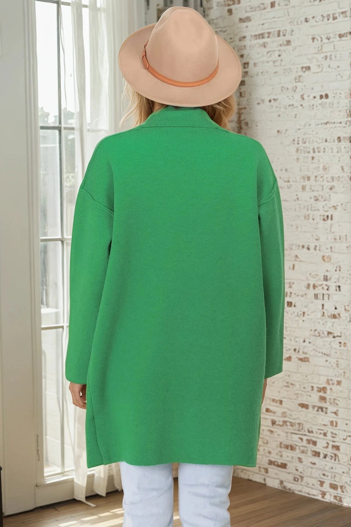 Kierce Cardigan - Folded Lapel Collar Coatigan with Pockets in Green