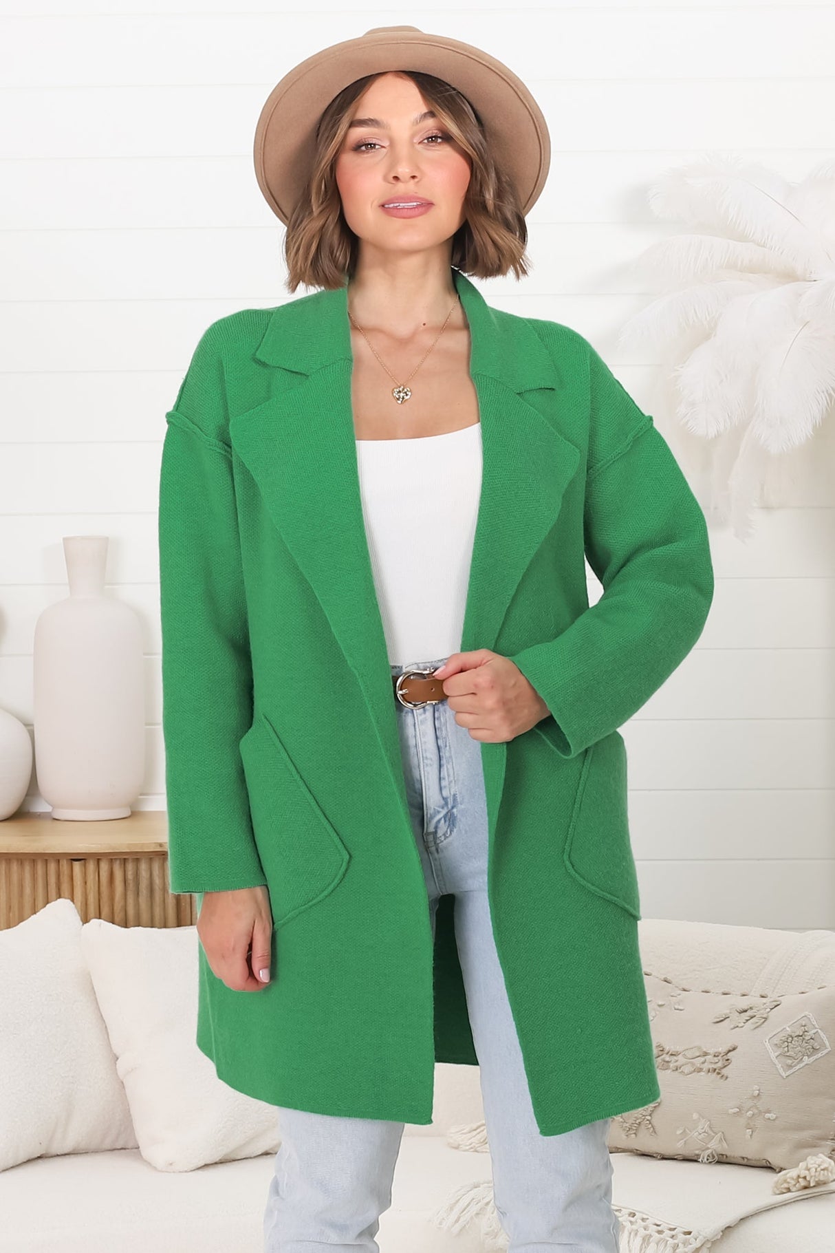 Kierce Cardigan - Folded Lapel Collar Coatigan with Pockets in Green