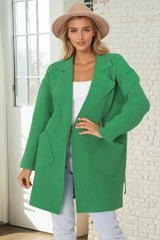 Kierce Cardigan - Folded Lapel Collar Coatigan with Pockets in Green