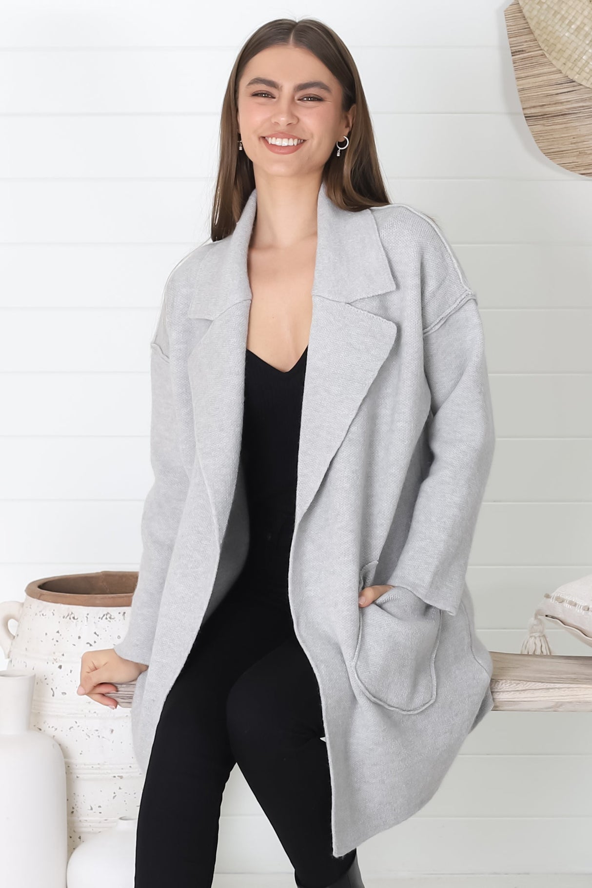 Kierce Cardigan - Folded Lapel Collar Coatigan with Pockets in Grey