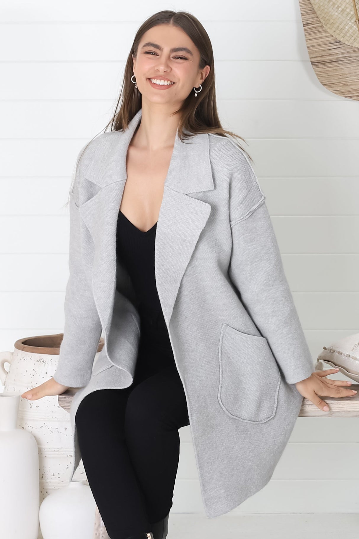 Kierce Cardigan - Folded Lapel Collar Coatigan with Pockets in Grey